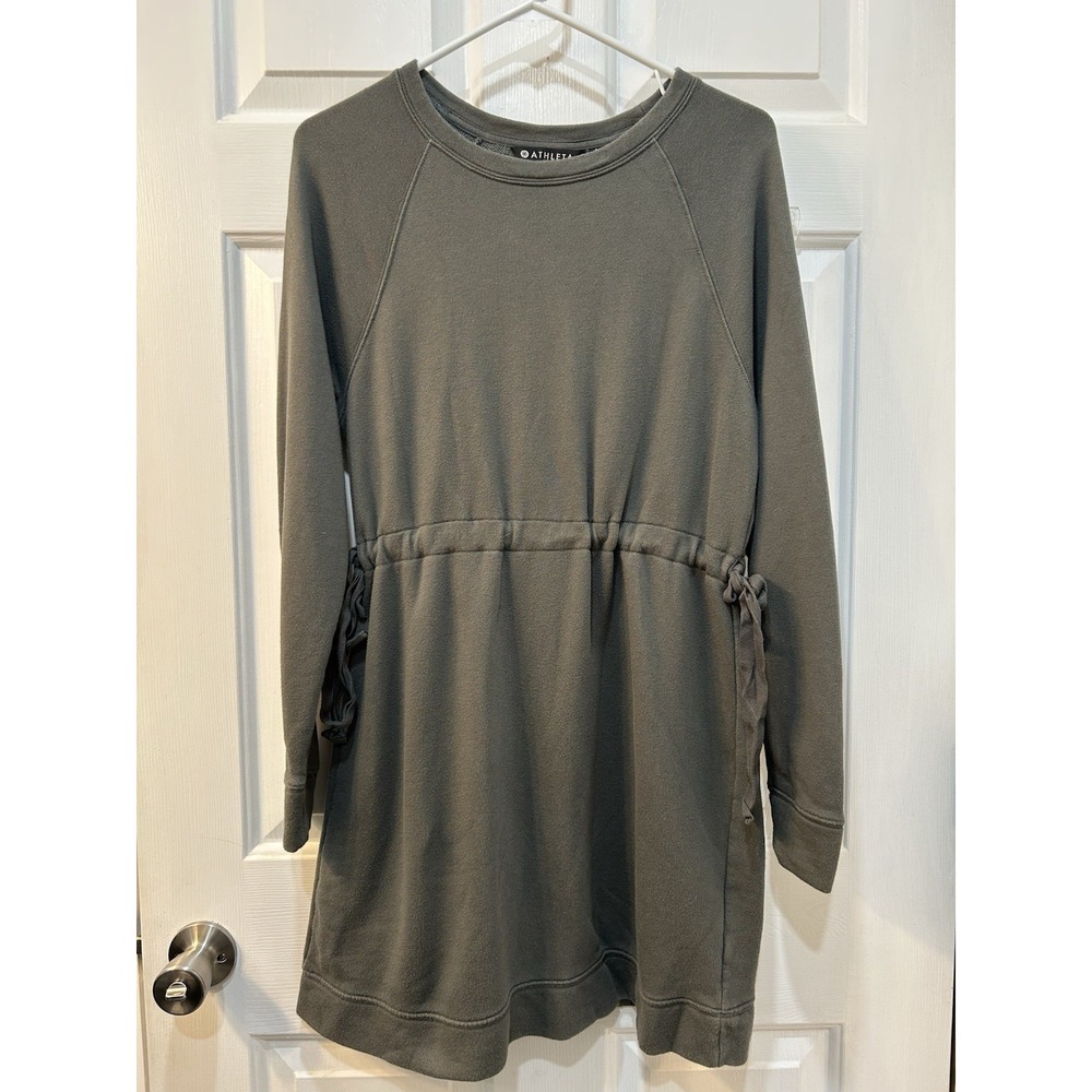 Athleta Sz S Studio Cinch Sweatshirt Dress Olive Green Tie Waist Athleisure